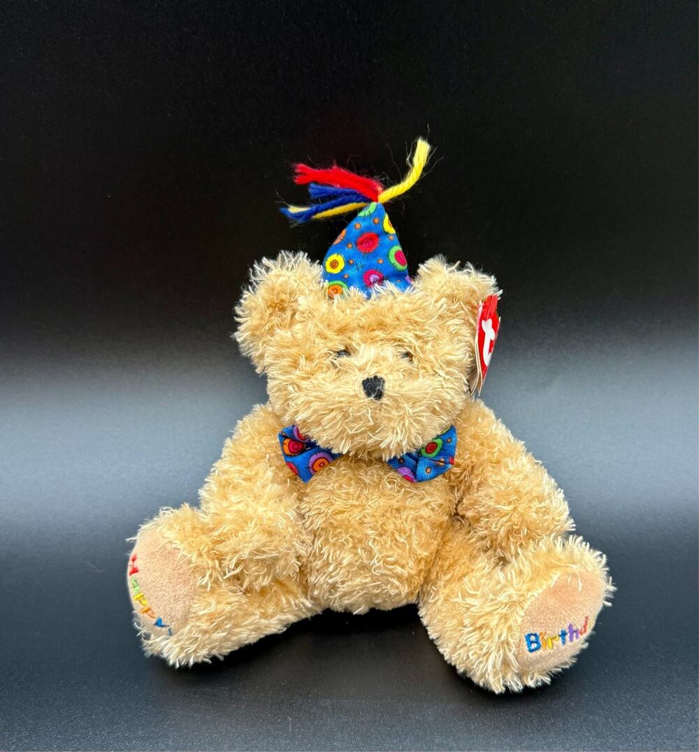Ty Beanie Baby Happy birthday tan - MWMT (Bear w/Bow Tie 2005)